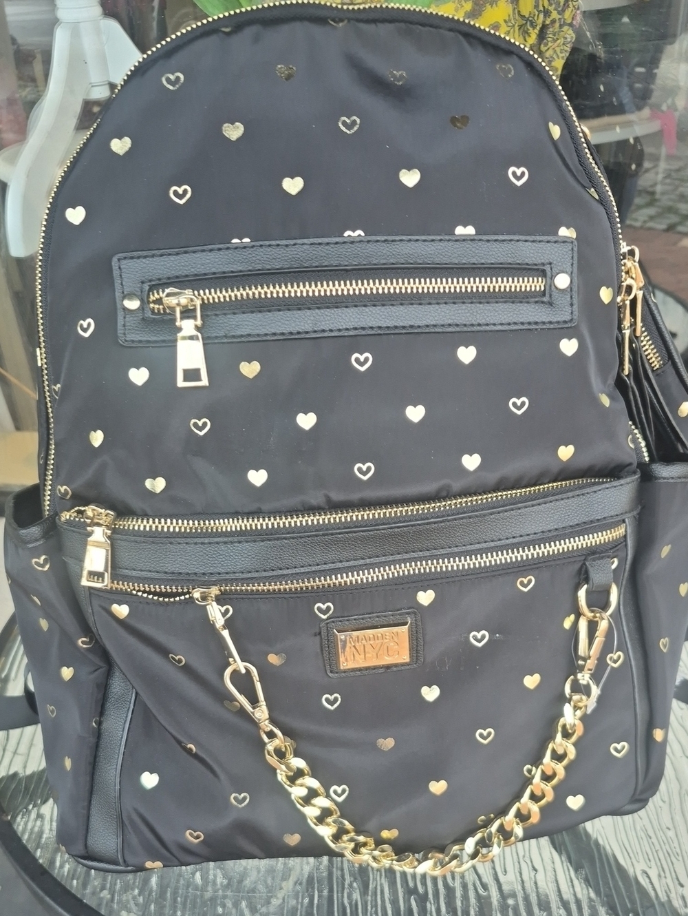 Chic Black Backpack with Gold Heart Detail